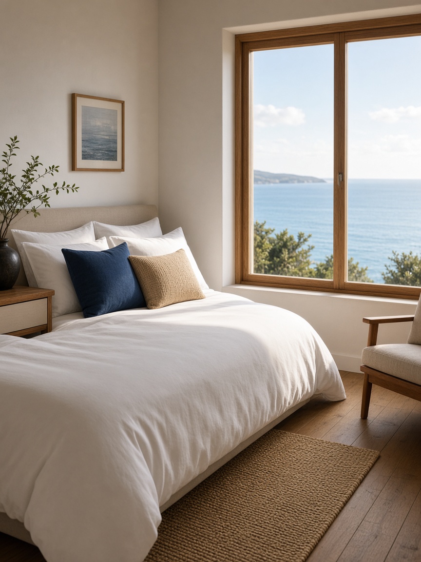 White guest bedroom with a sea view
