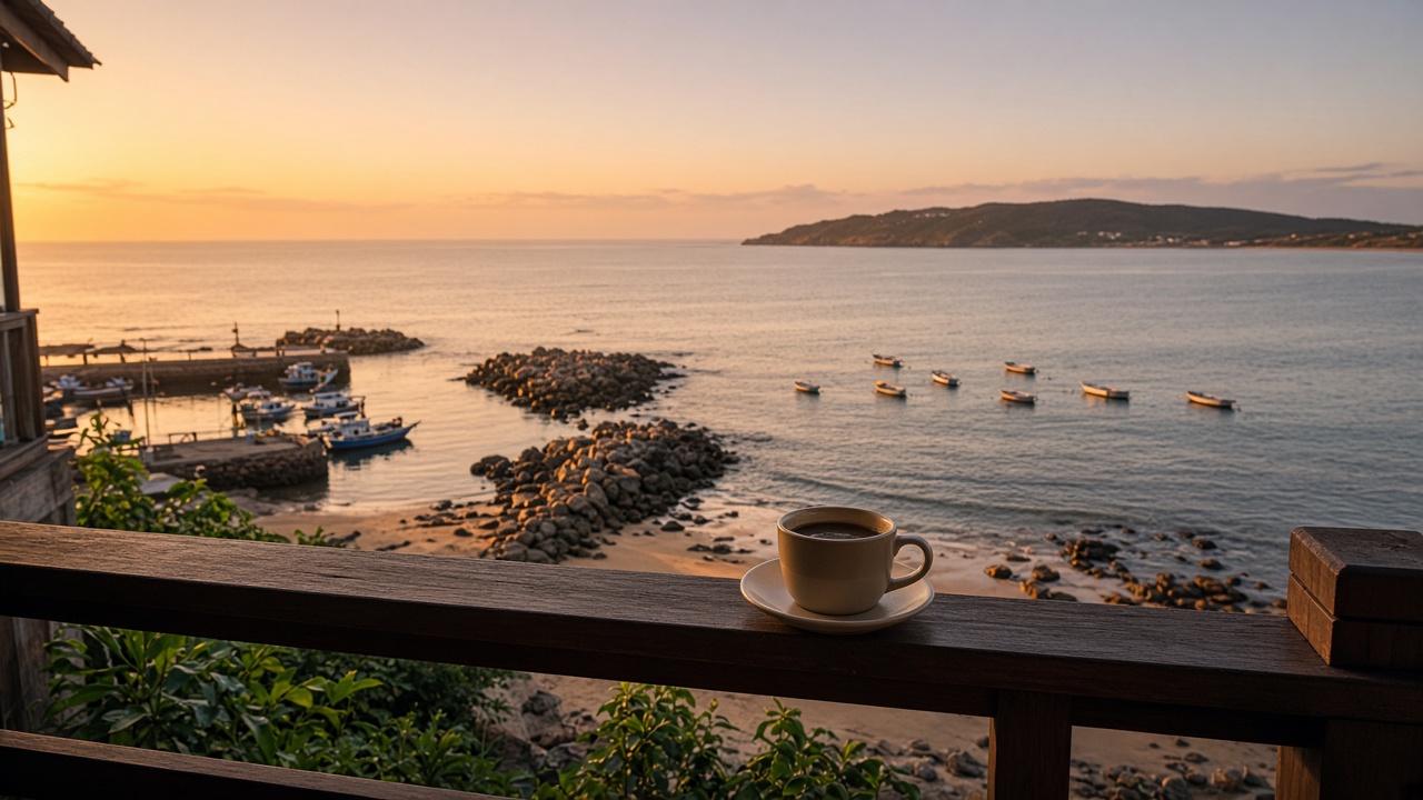 Sunrise over the harbour from a balcony